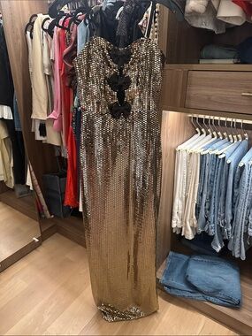 Gold Sequin Strapless Maxi Dress with Bow Accents size 2 prom